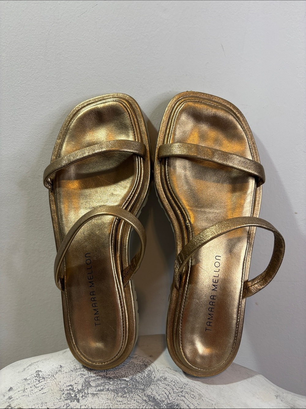 Tamara Mellon Metallic Bronze Gold Double Strap Slide Slip On Sandals 38.5